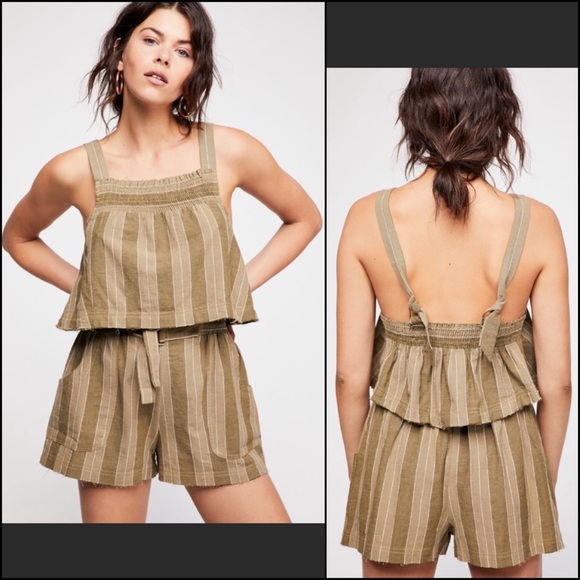 Free People Tops - Free People Olive Green Striped Linen Blend Crop Tank Top Blouse